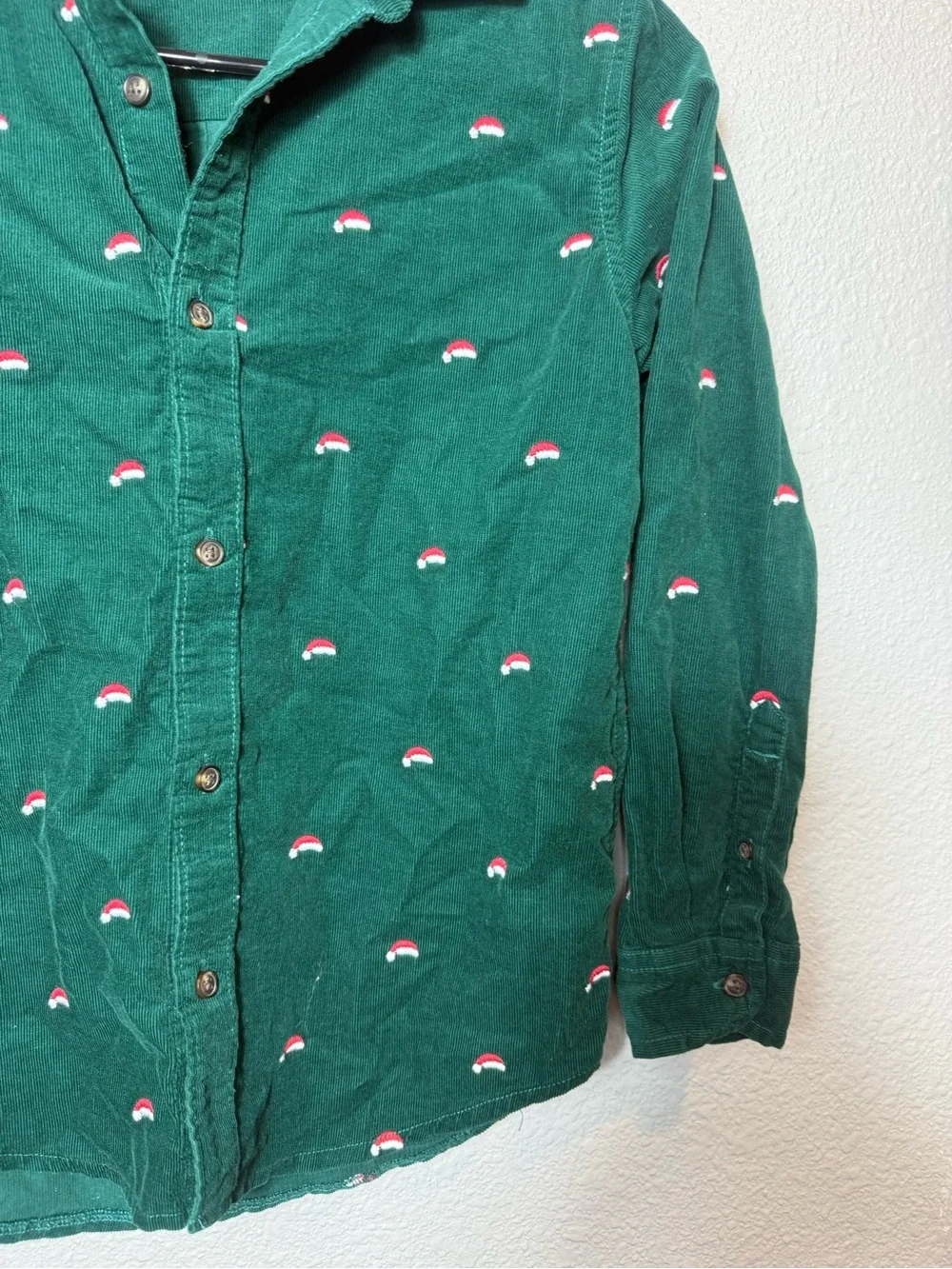 Gymboree Boys Size 12 Green Corduroy Santa Hat Christmas Holiday Button Up Shirt